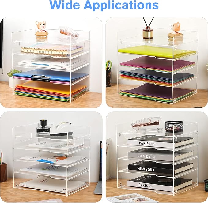 MaxGear 5-Tier Acrylic Paper Tray, Clear Desk Organizer, Stackable File Trays for Office, Acrylic Letter Tray, Paper Organizer for Desk, Office Accessories