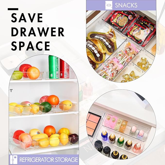 HOUSE DAY Desk Drawer Organizer Bins 8 PCS, 9*3*2" Clear Drawer Organizers with Silicone Pads, Vanity Organizers and Storage, Non Slip Plastic Drawer Organizer for Makeup, Bathroom, Kitchen, Office
