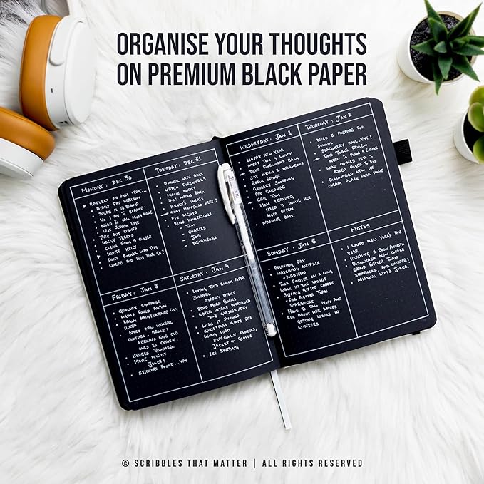 Black Paper Bullet Dotted Journal Notebook | A5 Starry Night by Scribbles That Matter | Free white gel pen | 160gsm Blackout no-bleed dot grid paper | For Men and Women | 5.75 x 8.5 in | White