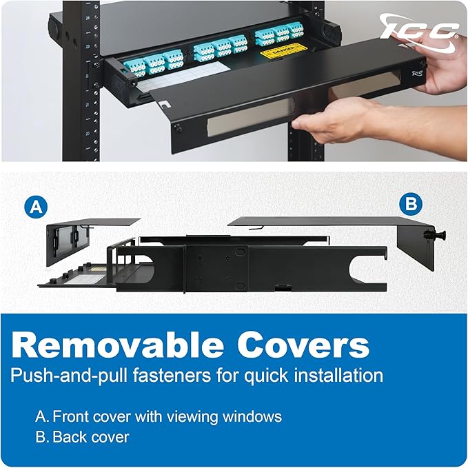 ICC 1U Fiber Optic Rack Mount Enclosure - 3 Slots for LGX Compatible Adapter Panels or Cassettes, Supports up to 72 Fibers, Fits 19-Inch Racks, Secure Fiber Management Solution, ICFORE31RM