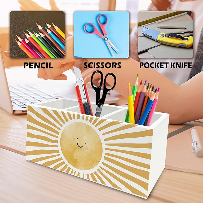 Boho Yellow Sunshine Pen Pencil Holder Organizer for Desk, Cute Smile Groovy Sun Sunshine Wooden Box Signs Decorations for Kids Room Home Classroom Desk Tabletop