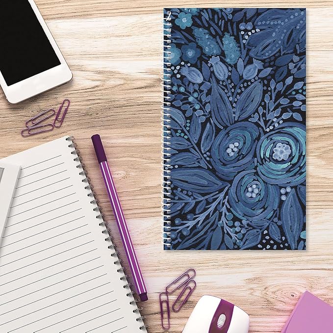 Navy Blossoms Password and PIN Keeper - 94 Pages; 5 Inch x 8-1/2 inch, Softcover Spiral-Bound Website Login Organizer