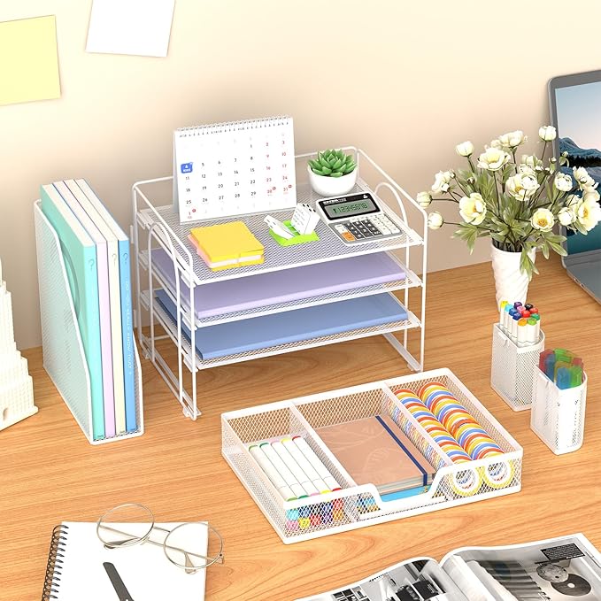 Marbrasse Desk Organizer and Accessories，4-Tier Paper Letter Tray Organizer with File Holder, Desk Accessories & Workspace Desk Organizers with Drawer and 2 Pen Holder (White, 15.4" x 9.1" x 8.3")
