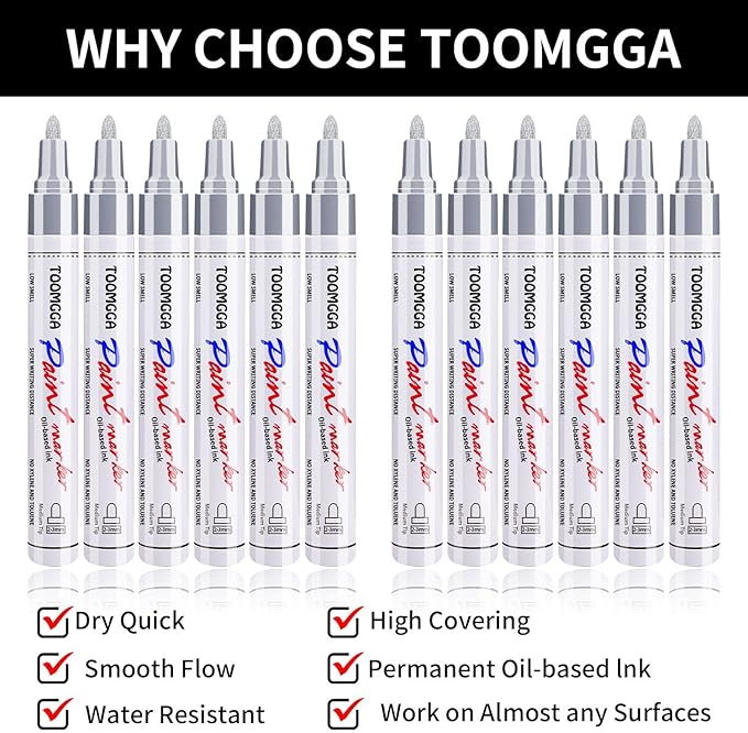 Silver Paint Pens Paint Markers - 12 Pack Permanent Markers Oil Based for Metal Wood, Pens for Metal, Car Tyre, Wood, Plastic, Rock Painting, Glass, Craft Supplies, Waterproof