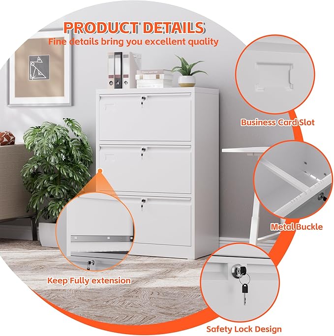 3 Drawer File Cabinet, Wide Metal Filing Cabinet, Official Storage File Cabinet for Letter/Legal/A4 Size, Assembly Required