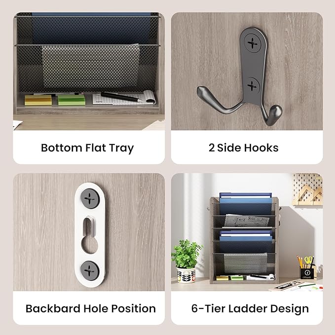 Hanging Wall File Organizer, 6 Tier Wood Wall File Holder with 2 Hooks, Mail Organizer Wall Mounted with Bottom Flat Tray, Vertical Paper Desk Storage for Office, Home, Greige