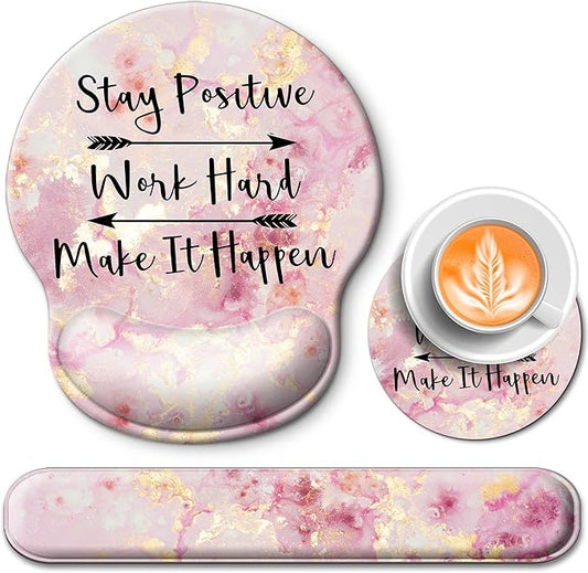 Mouse Pad and Keyboard Wrist Rest Support, with Non-Slip PU Base,Gel Mouse Pad with Coaster,Pain Relief for Gaming, Computer,Office -Pink Positive 2