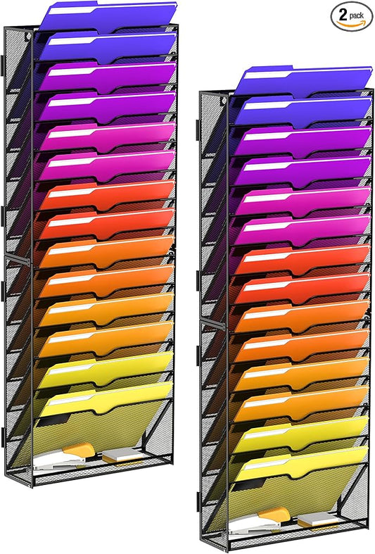 15-Tier Mesh Wall File Organizer, Hanging Files and Clipboard Organization for Office Home, Assembly Needed, Black 2 Pack