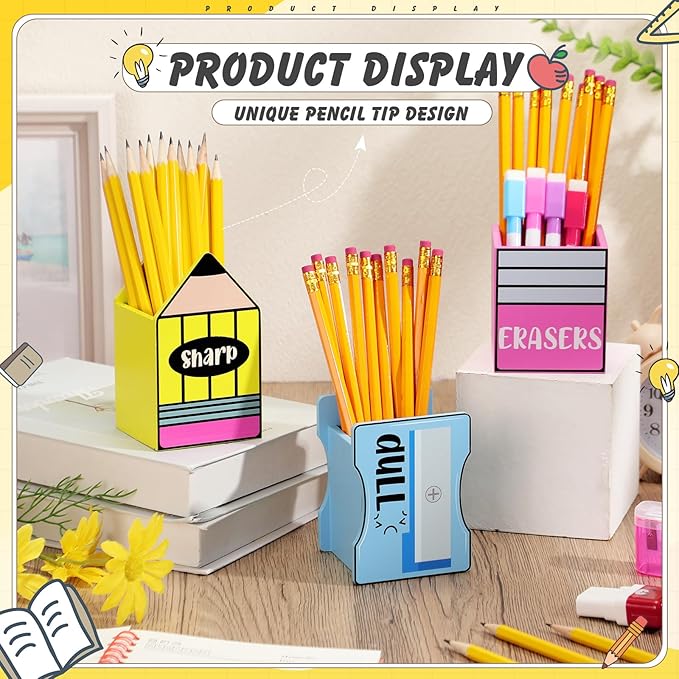 3 Pcs Sharp and Dull Pencil Holder Eraser Buckets Wooden Shaped Dispenser Finished Pen Holder No DIY for Back to School Teachers Classroom Management(Plain)
