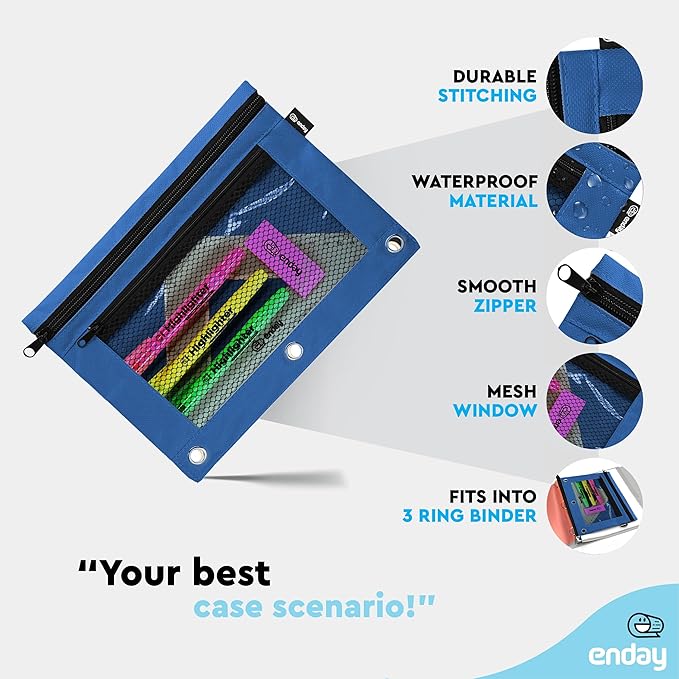 Enday Dark Blue Pencil Pouch For 3 Ring Binder, Zippered Binder Pencil Pouches, 3 Ring Pencil Pouch for Binder, Pencil Case for Binder, Large Pencil Bags for School, Home, and Office