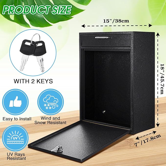 Locking Mailbox with Key for Outdoor 18 x 15 x 7 Inches Large Wall Mount Mail Box with Lock Security Mail Drop Metal Collection Boxes Hanging Secure Postbox(Black)