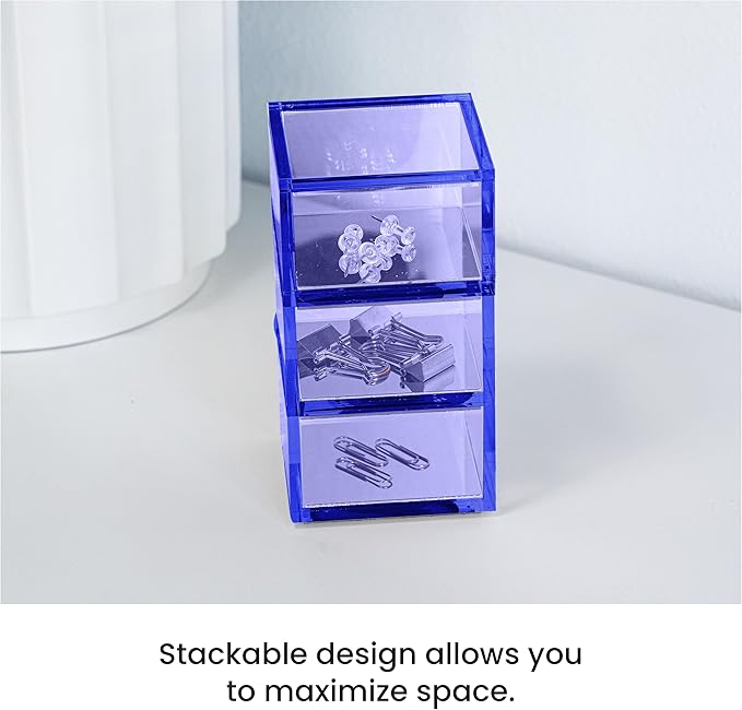 OfficeGoods 3-Tier Stackable Acrylic Holder- Stylish Desk Organizer and Storage for Office or Home – Transparent Square Design, Blue with Silver Metal Base