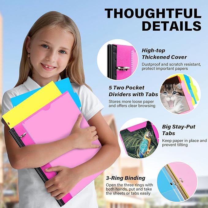 WOT I Telescoping Project Organizer, Refillable Binder with Dividers and Pockets, 13 Pocket Folders, 1 Inch 3 Ring Binder, Pink