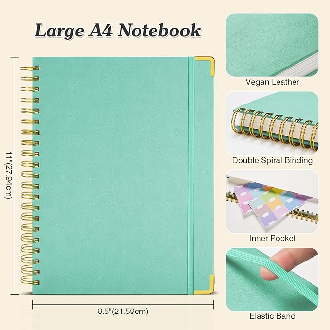Spiral Notebook 8.5" x 11", 300 Numbered Pages Notebooks College Ruled with Contens, 100GSM Thick Journal for Women Men, Hardcover Leather Lined Journal for Writing, Large A4 Notebooks for Work School