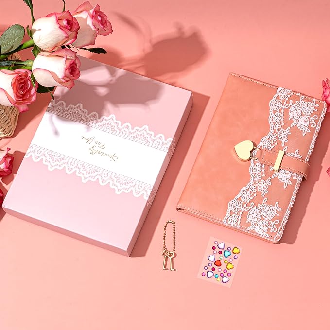 Lace Diary with Lock and Key for Women Girls 224 Pages Leather Password Journal with Lock A5 Locked Journals for Writing Note Taking, 5.6x 8.3, Pink
