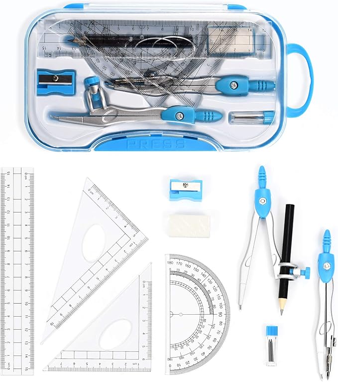10 Pieces Math Geometry Kit Set Student Supplies with Shatterproof Storage Box,Includes Rulers,Protractor,Compass,Eraser,Pencil Sharpener,Lead Refills,Pencil,for School and Drawings（Blue）