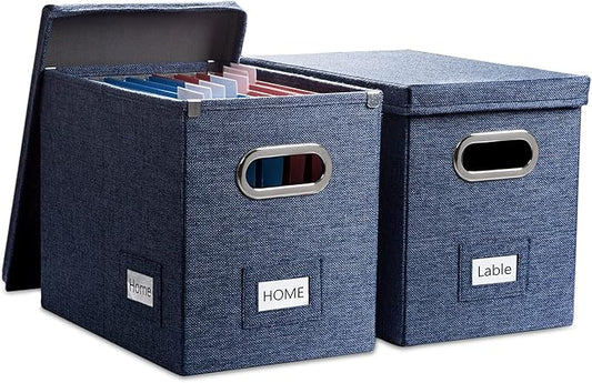 PRANDOM File Organizer Box - Set of 2 Collapsible Decorative Linen Filing Storage Hanging File Folders with Lids Office Cabinet Letter Size Navy Blue (14x9.3x10.8 inch)