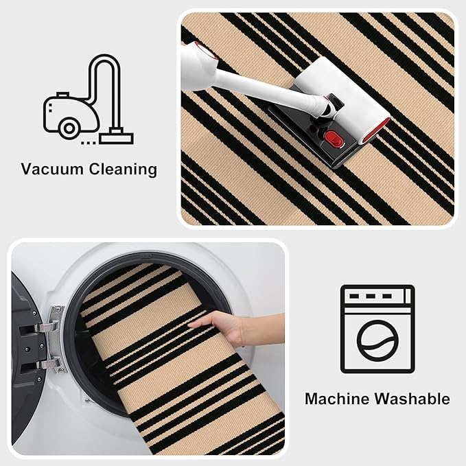 KIMODE Fall Outdoor Rug Decor 27.5"x43", Black and Khaki Striped Front Porch Rugs,Reversible Washable Front Door Mats,Hand Woven Welcome Layered Doormat Entryway Rug for Entrance Doorway