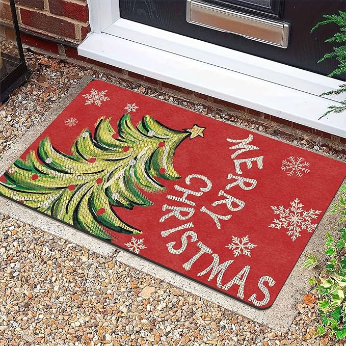 InterestPrint Christmas Doormat Outdoor Entrance Non-Slip Rug Front Porch Rugs, Christmas Tree Snowflakes Welcome Mat Front Door Rug Outdoor Funny Door Mat, 18" x 30"Inch