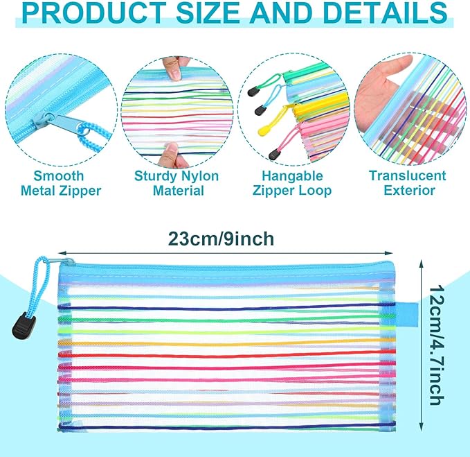 Fainne 120 Pack Mesh Pencil Pouch Mesh Zipper Pouch 9" x 4.7" Pencil Case Bulk Multipurpose Cosmetics Toiletry Small Bag for Office Travel(Multicolored Stripes Colors)