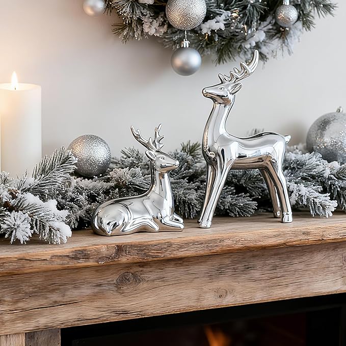 WDS WONDROUS Christmas Decorations Reindeer Figurines, Set of 2 Silver Deer Figurines Decor, Modern Xmas Reindeer Statue Indoor for Living Room Bedroom Office Christmas Village Shelf Winter Decor