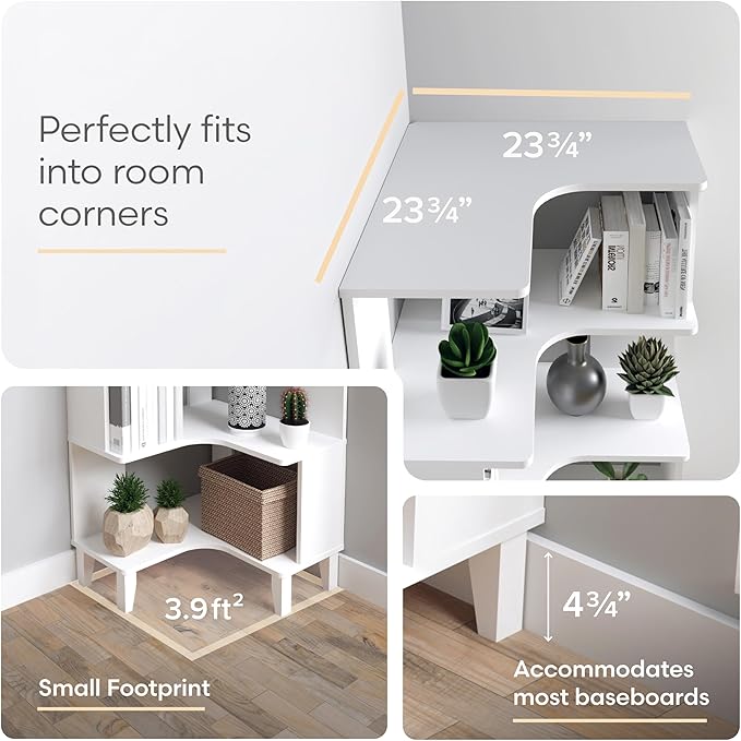 Prepac Nordik 6-Tier White Modern Mid Century Corner Bookcase, 71.5" Extra Tall White Corner Shelf with Storage, Multifunctional Freestanding Bookshelf for Home Office, Living Room, Bedroom