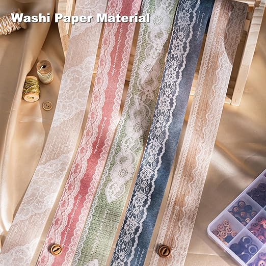 Lace Pattern Washi Tape Set, 6 Rolls Japanese Paper Decorative Stickers with 1 Clip, Lace Fabric for Scrapbooking, Journaling, Craft Supplies, 1.57in x 79in