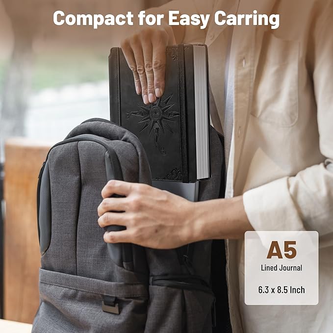 CAGIE Compass Leather Notebook Journal for Men, 100 GSM 288 Pages Lined Journals for Writing, A5 Hardcover Journaling Notebooks Gift Set with Pen for Travel Office Daily Writing