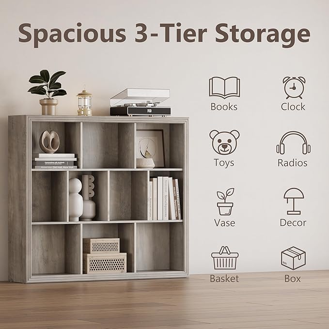 Wooden 10-Cube Storage Organizer, 3-Tier Bookshelf, Wood Grey Bookshelf, Bookcase, Cubical Storage Shelf with 3 Removable Back Panels for Bedroom Home and Office