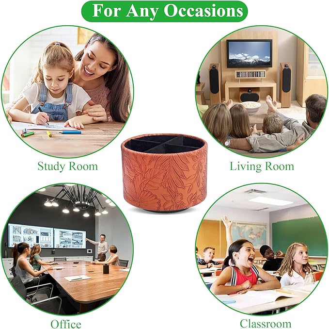 Hennaja Round Leather Art Supply Organizer,Remote Control Holder,360 Degree Spinning,Multi-Functional Pencil Holder,4 Compartments Desktop Stationary Organizer(1-Carved Brown)