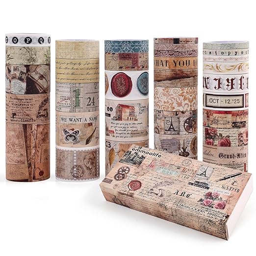 34 Rolls Vintage Washi Tape Set,Letter Map Stamp Stripe Literature Art Writable Aesthetic Washy Decorative Tapes for Scrapbooking, Junk Journal Supplies, Bullet Journaling 5-50mm Wide (3m Long)/Roll