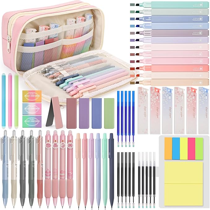 61 PCS Aesthetic School Supplies with Cute Pencil Case, Pastel Highlighters, Gel & Erasable Pens, Mechanical Pencils, Refills, Complete Essentials Stationery Kit for Students (Pink)