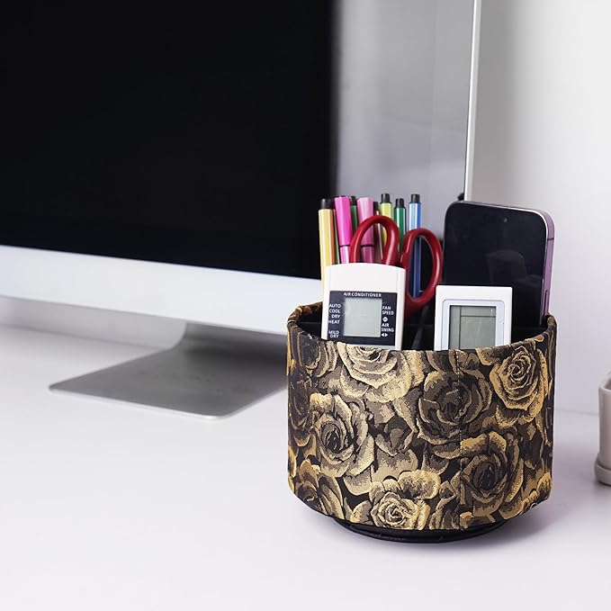 QIELIZI Round Leather Art Supply Organizer,Remote Control Holder,360 Degree Rotating,Multi-Functional Pencil Holder,4 Compartments Desktop Stationary Organizer(1-3D Rose Yellow)