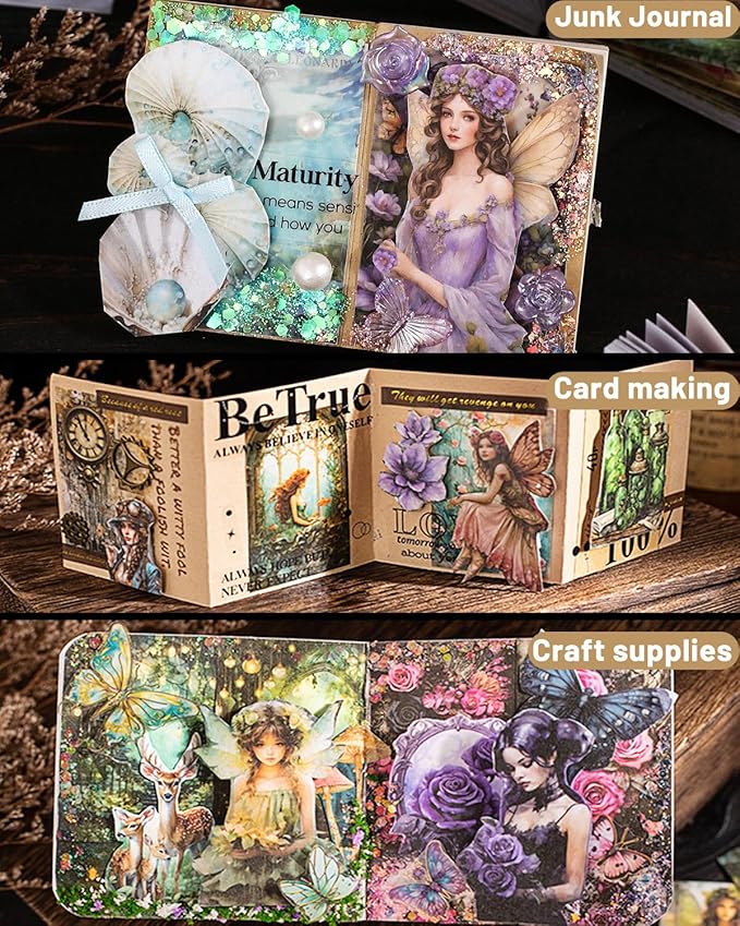 Aromoty 4 Sets 200 Pcs Washi Stickers Book Kit for Journaling, Vintage Aesthetic Gothic Magic Scrapbook Stickers for Scrapbooking Bullet Junk Journal Supplies Planner Stationery Collage Craft Gifts