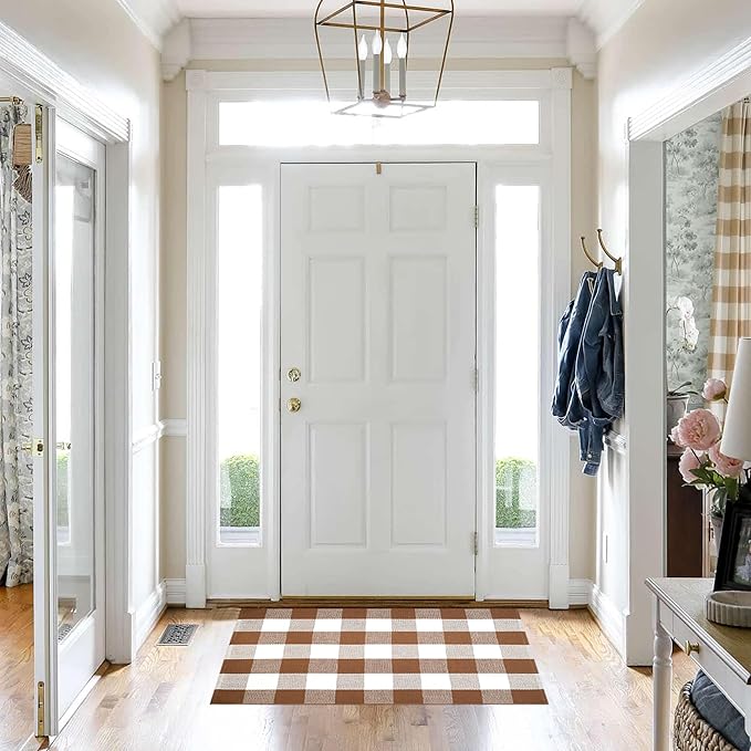 Buffalo Plaid Outdoor Rugs, 28'' x 43'' Coffe and White Checkered Area Rug, Layering Rug for Hello/Welcome Door Mat, Washable Cotton Woven Farmhouse Mat for Front Porch Décor