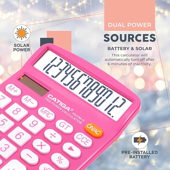 12 Digit Desktop Calculator with Large LCD Display and Sensitive Button, Dual Solar Power and Battery, Standard Function for Office, Home, School, CD-2786
