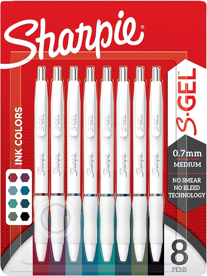Sharpie S-Gel | Gel Pens for Writing | Medium Point (0.7mm) | Assorted Ink Colours | White Pearl Barrels | 8 Count