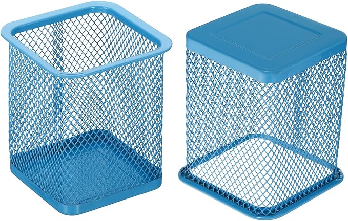 PATIKIL Mesh Pen Holder, Pencil Holder Pencil Basket Pen Cup Locker Organizer Square Makeup Brush Holder for Desk Accessories, Blue