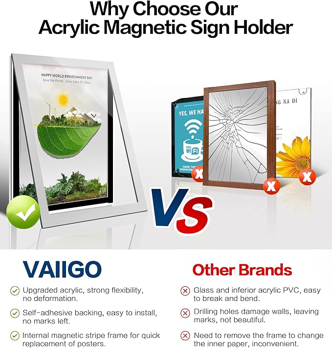 Acrylic Sign Holder 8.5" x 11" Wall Mount, Self Adhesive Magnetic Display Frame with Nano Tape, Plastic Clear Document Frame for Office, Store, School, Home, Wall Picture Frame (Silver, 3Pack)