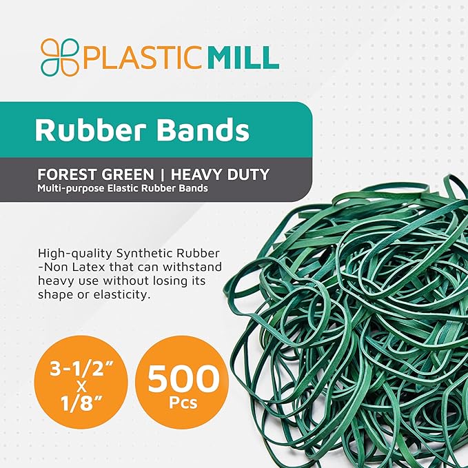 PlasticMill Forest Green Rubber Bands Size 33 (3 1/2" x 1/8") - #33 Colored Rubber Bands Office Supplies - Strong, Elastic Bands for Crafts, Balloon Garland, Cash, File Folders (500-Pack)