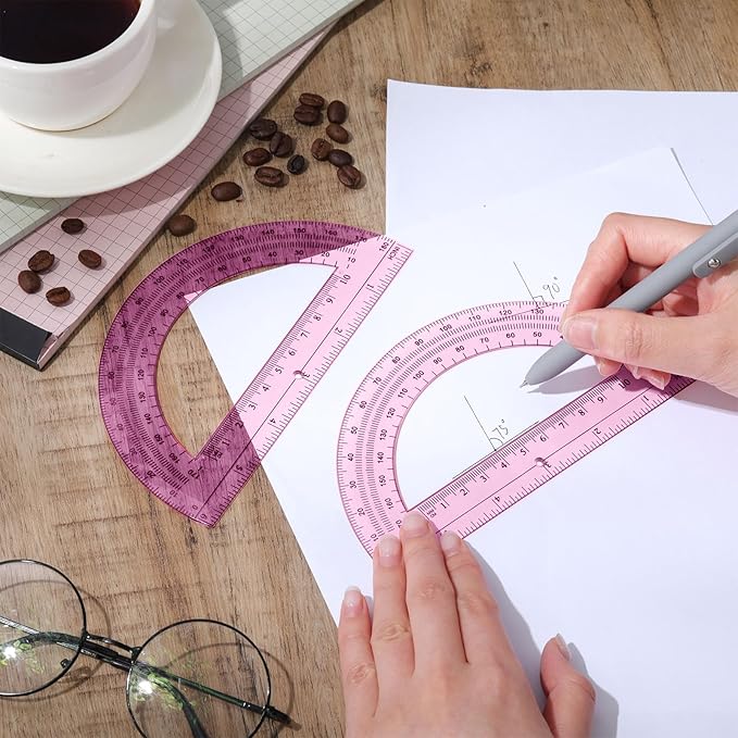 Zonon 2 Pcs 6 Inch Plastic Protractor Math Protractors 180 Degrees Angle Measurement, Translucent for Geometry Classroom Kid Student School Office Supplies(Light Pink)