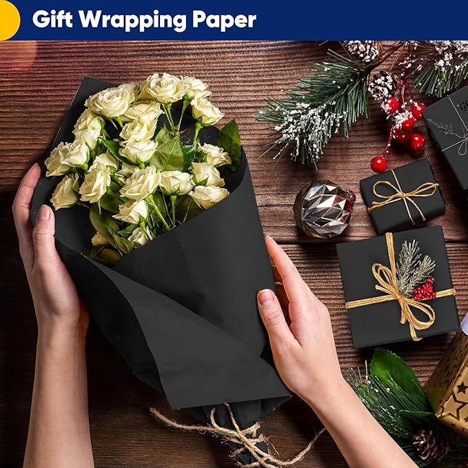 Vanhench Black Wrapping Paper 17.5"×760" (63'), Black Construction Paper for Poster Bulletin Board, Art Packing, Birthday, Bouquet Flower Halloween Wrapping
