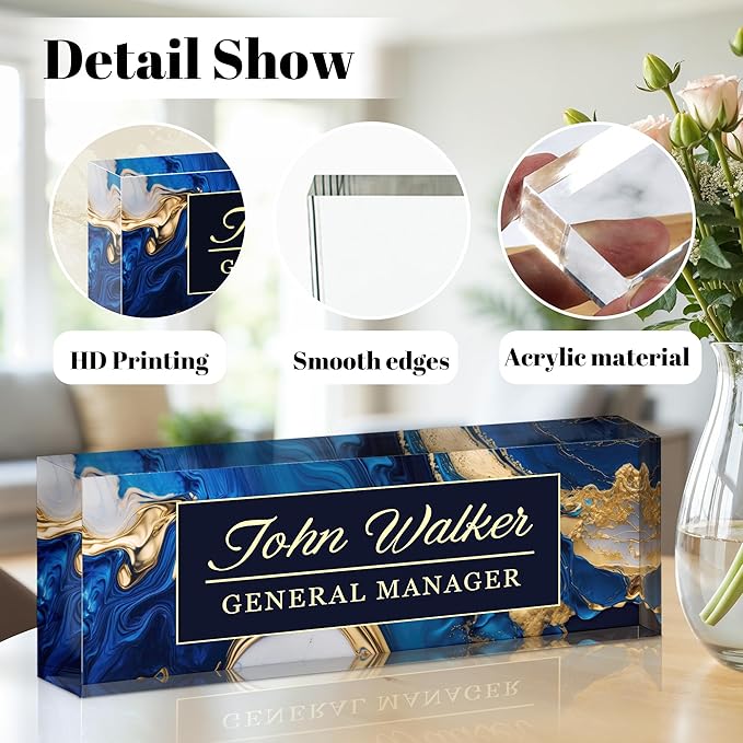 Ship Next Day Personalized Name Plate for Desk, Custom Acrylic Desk Name Sign, Office Appreciation Gifts for Women Men Coworkers Boss Teacher Employee (Blue Coast)