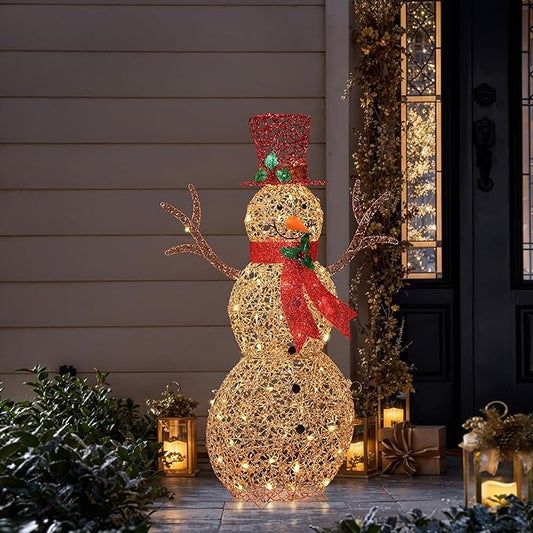 LuxenHome 4FT Lighted Snowman Outdoor Christmas Decorations, Gold Light Up Snowman Christmas Decor with 70 LED Light, Red Scarf & Hat, Xmas Decorations Outdoor, Indoor for Porch, Lawn Holiday Display