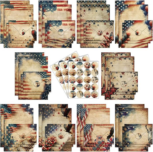 TaoBary 160 Pcs Stationery Paper Set 50 Double Sided Stationery Papers with 50 Matching Envelopes and 60 Round Dot Sticker, 10 Design(Retro Independence Day,5.5 x 8.25 Inch)