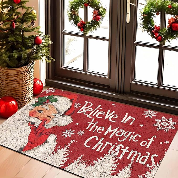 InterestPrint Merry Christmas Doormat Red Christmas Santa Claus Decorative Doormat Indoor Outdoor Entrance Xmas Winter Welcome Door Mat Anti-Slip Rubber for Seasonal Holiday Decortion, 16" x 24" Inch