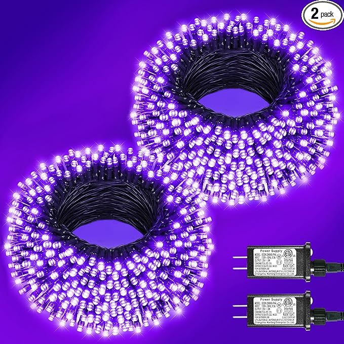 2 Pack Christmas Lights Outdoor, Total 200FT 600 LED Purple String Lights for Outside with 8 Modes Waterproof, Plug in Halloween Decorations for Indoor House Room Patio Garden Party Holiday