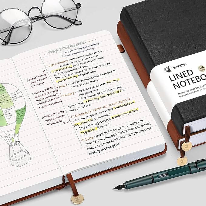 Lined Journal Notebook, 366 Pages, 100Gsm Leather Hardcover Journals for Writing Thick A5 College Ruled Classic Notebook with Pen Loop, Daily Journal for Women Men Travel Business Work Office