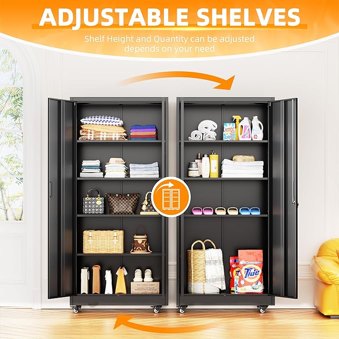 INTERGREAT Rolling Storage Cabinet, 73" Tall Lockable Tool Cabinet with Pegboard and Shelves, Heavy-Duty File Cabinet with Wheels for Garage, Basement, Warehouse, Black