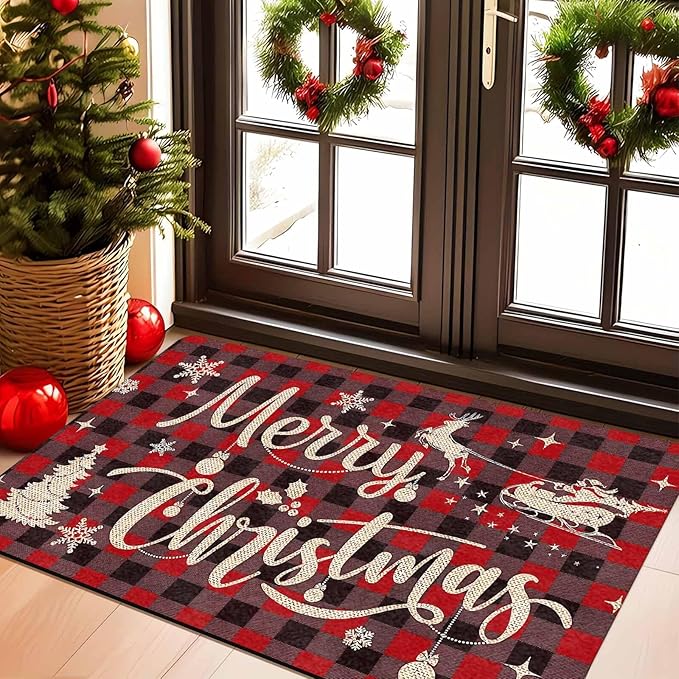 Christmas Front Door Mat Xmas Buffalo Plaid Welcome Doormat Reindeer Santa Claus Floor Mats Outdoor Indoor Area Rug Entry Doormat for Bedroom Living Room Kitchen Nursery, 16" x 24" Inch